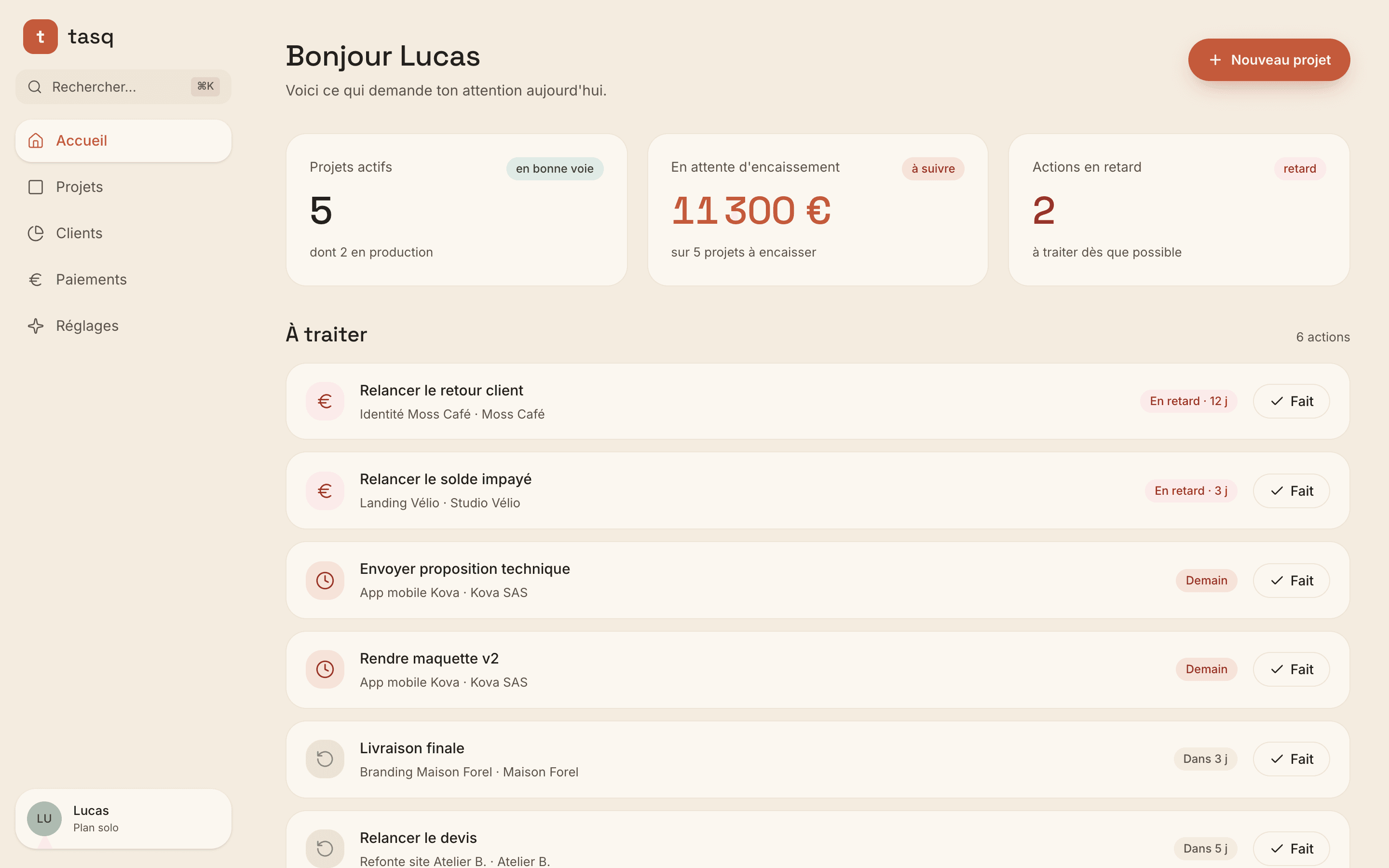Le tableau de bord Tasq : ce qui demande ton attention aujourd'hui